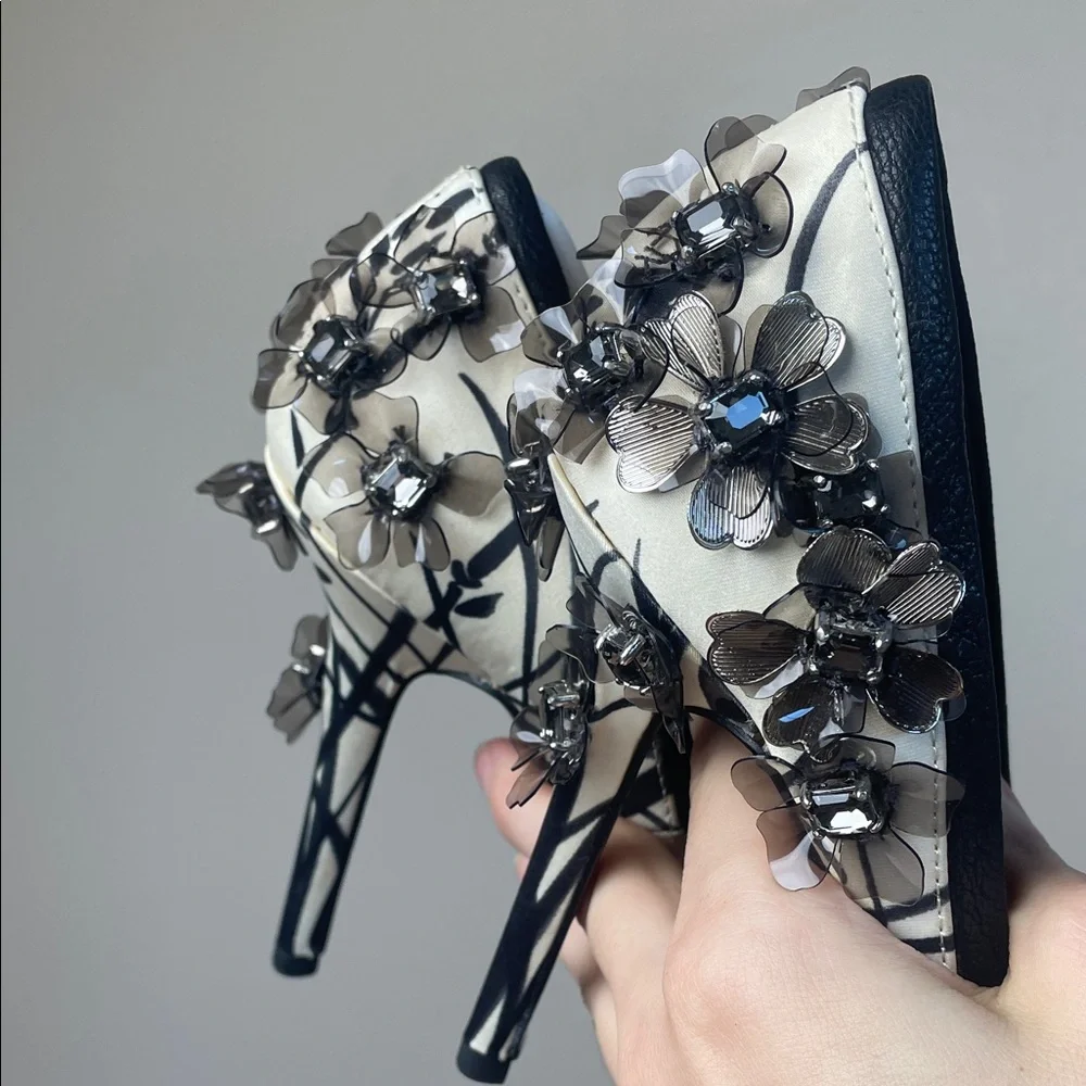 Tory Burch Clancy Black Open Toe Pump satin crystal embellished